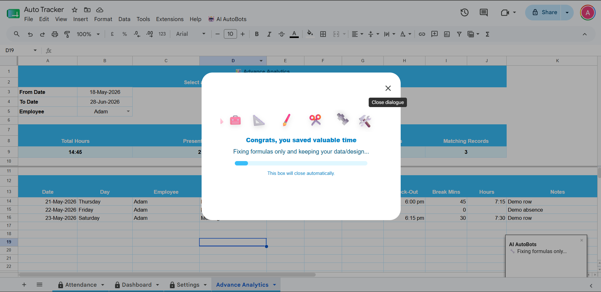 Google Sheet attendance tracker main tab screenshot