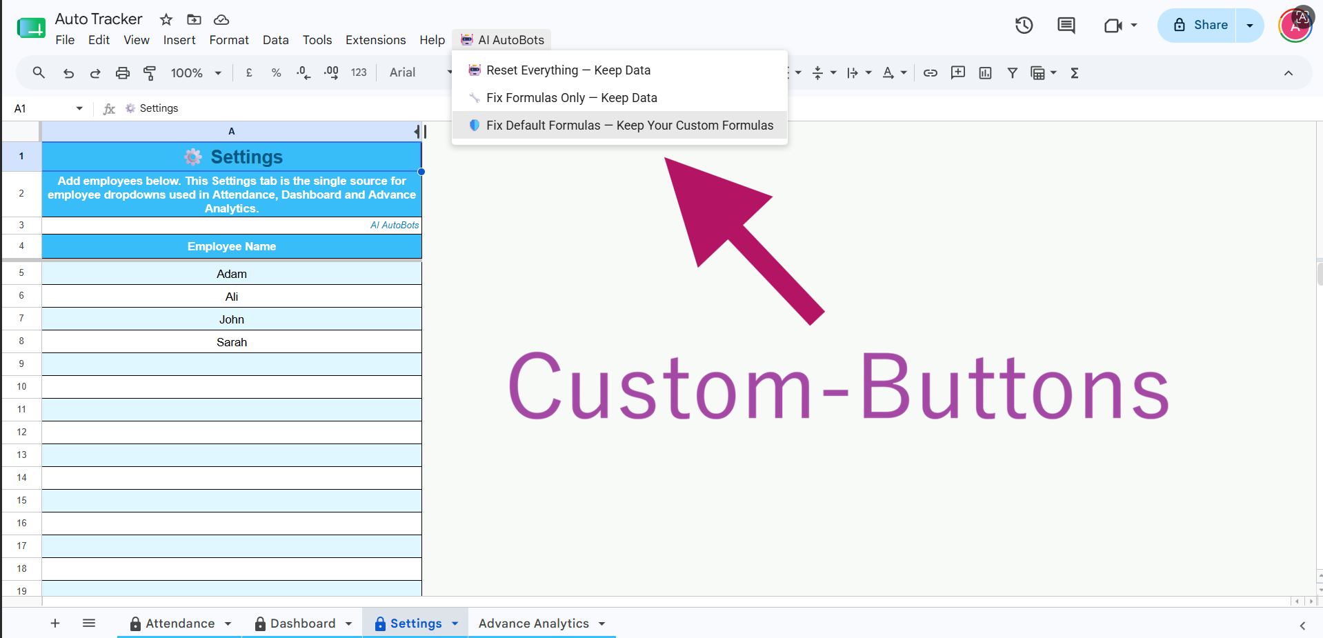 Google Sheet auto bot repair popup screenshot