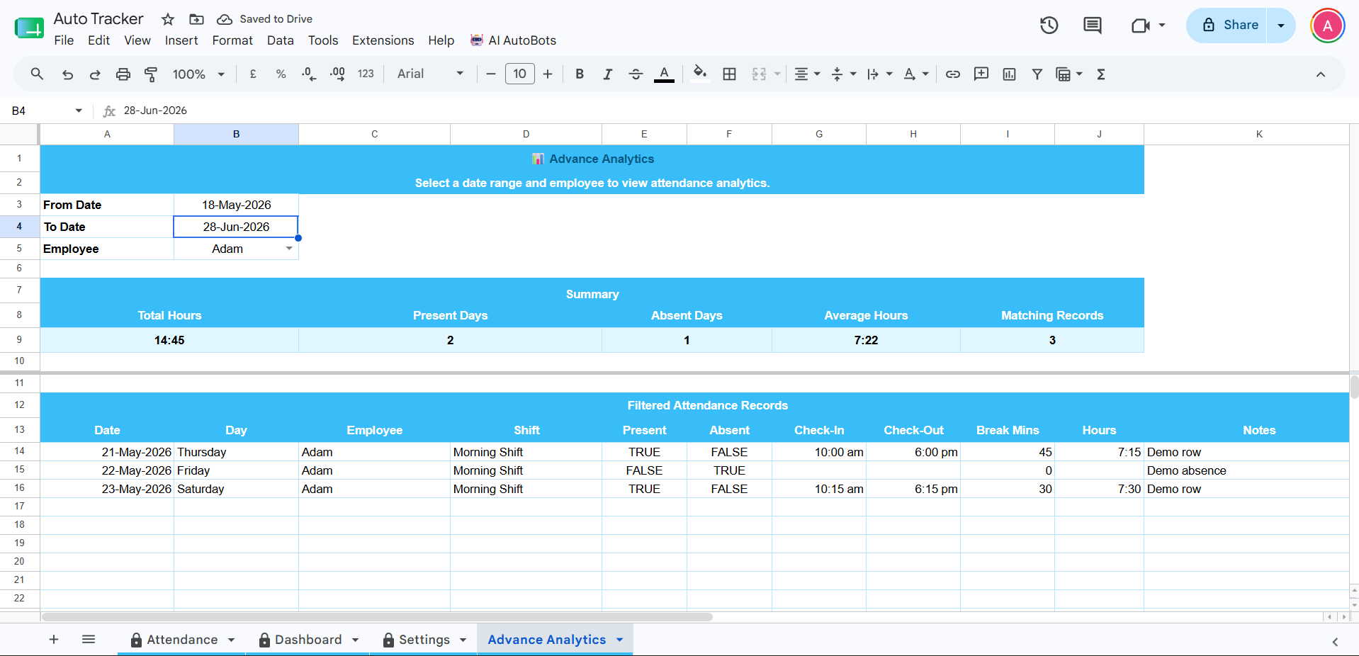 Google Sheet settings and auto bot menu screenshot
